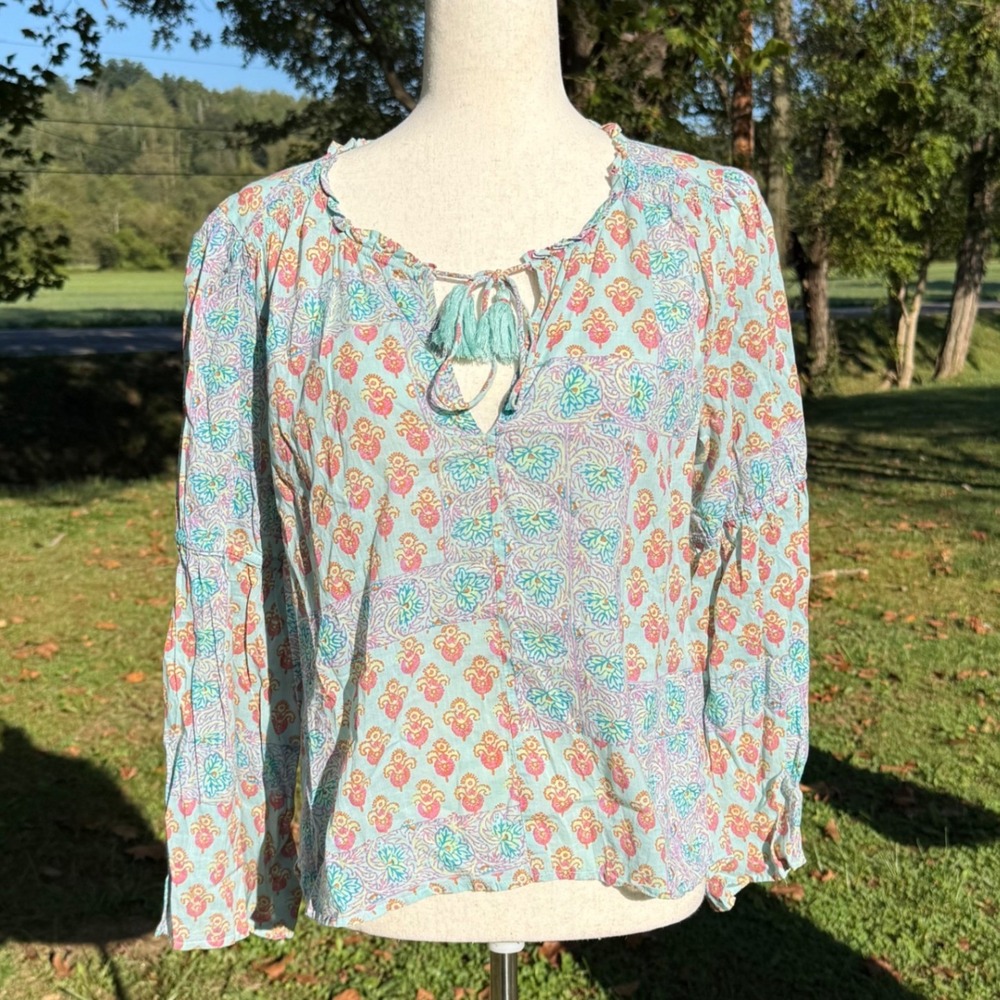 Anthropologie Lilka Cotton Peasant Blouse Womens M Multi-Color Boho Cottagecore